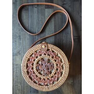 Round Rattan Straw Crossbody Canteen Beach Purse Boho Handmade Natural Tan 8x3"